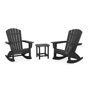 Nautical Curveback Adirondack Rocking Chair Black 3-Piece HDPE Plastic Patio Conversation Set