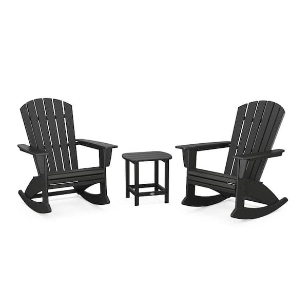 POLYWOOD Nautical Curveback Adirondack Rocking Chair Black 3-Piece HDPE Plastic Patio Conversation Set