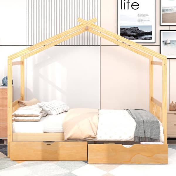 Natural Full Size House Platform Bed with Two Drawers, Wood House Bed Frame Full with Roof Design for Kids