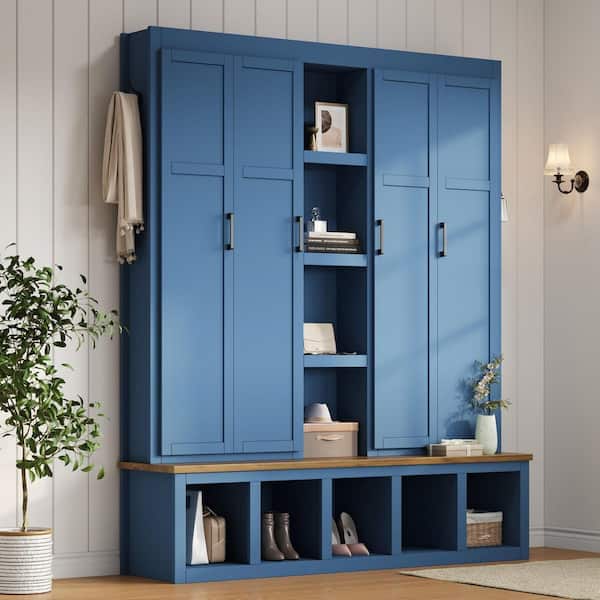Blue 4-in-1 Hall Tree with Entryway Bench, Shelves, 5 Open Compartments, 6 Hanging Hooks