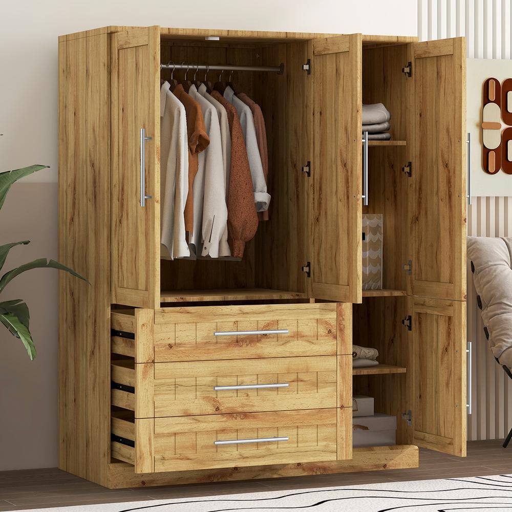 Natural 47.2 in. 4-Doors Wardrobe Armoire with Storage Shelves, 3 Drawers and Built-in Hanging Rail