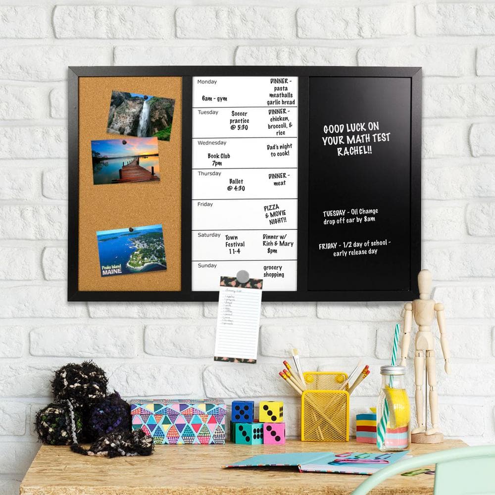 Black Wood Frame Magnetic Combo Board with Cork, Whiteboard, and Chalkboard