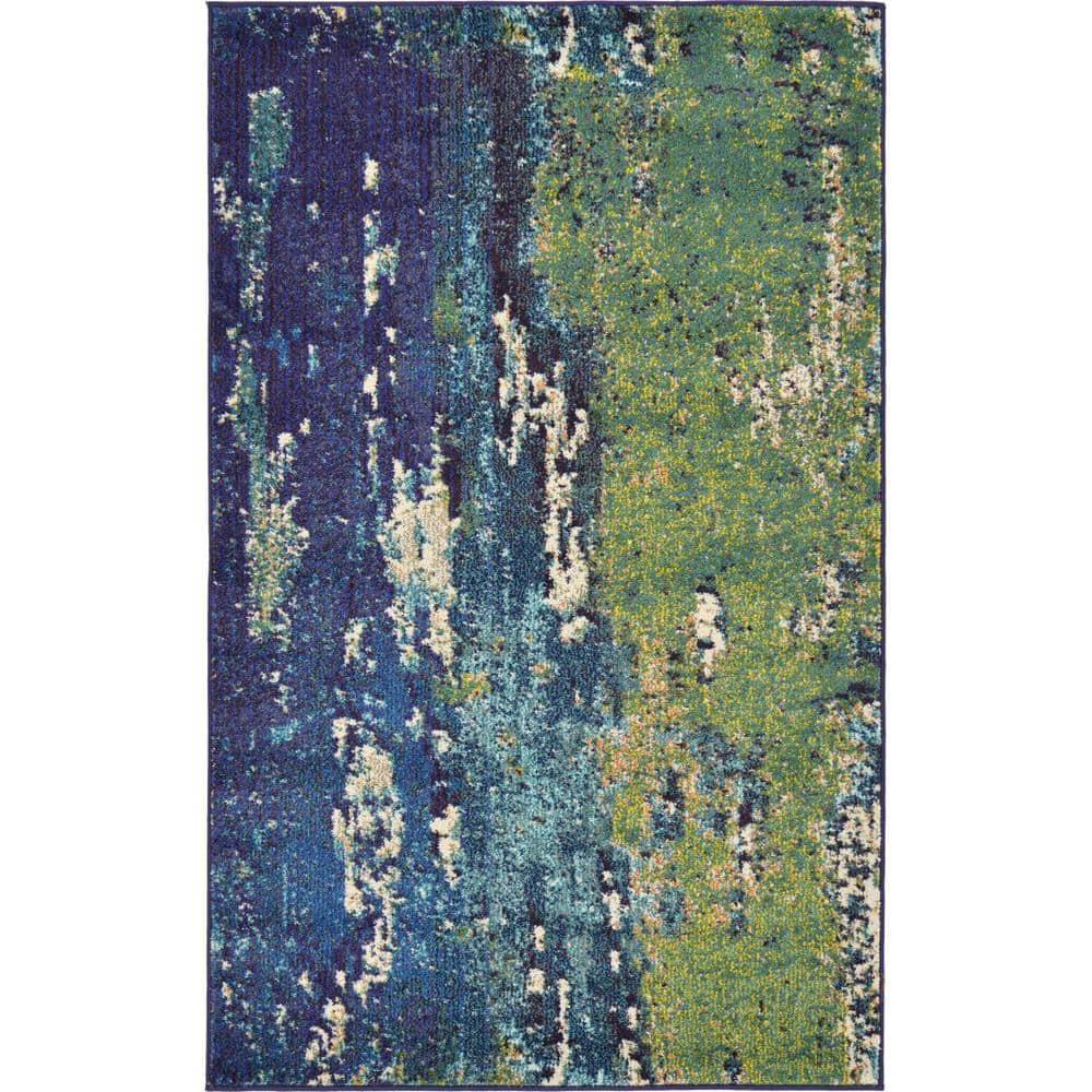 Navy Blue and Green Abstract Rectangular Area Rug