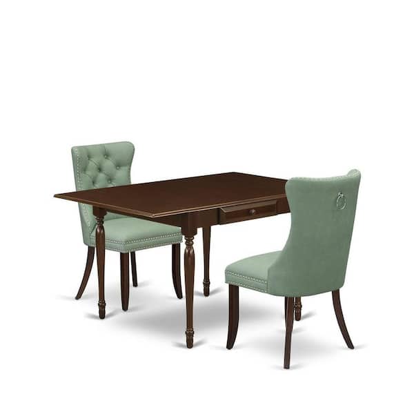 East West Furniture 3-Piece Mahogany Finish Rectangular Solid Wood Top with Dropleaf Dining Table Set