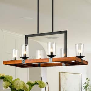 6-Light Rustic Kitchen Island Light Chandelier Wood Style Vintage Linear Hanging Lighting Fixture with Glass Shades