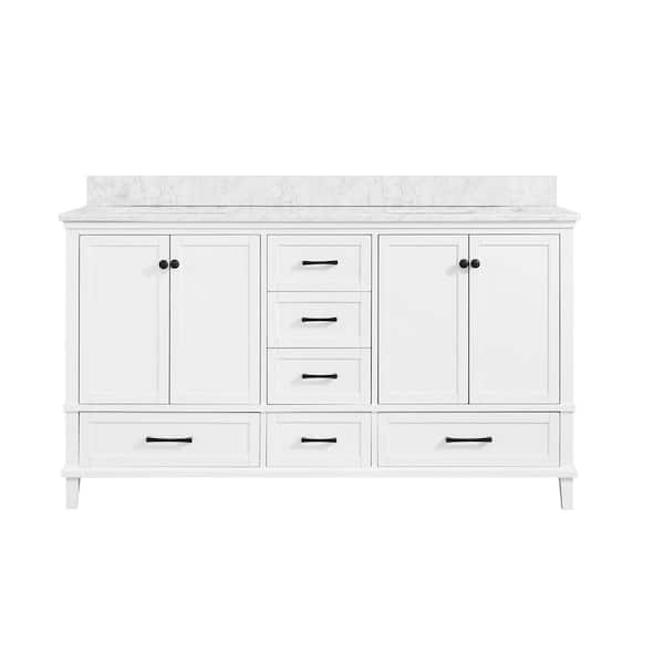 Merryfield 61 in. Double Sink White Bath Vanity with Marble Top and 24 in. White Framed Mirror Combo