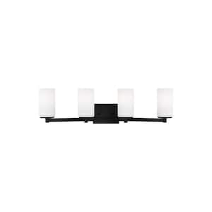 Hettinger 29 in. 4-Light Matte Black Transitional Contemporary Wall Bathroom Vanity Light with Etched White Glass Shades