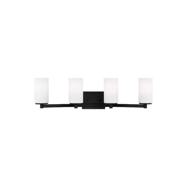 Generation Lighting Hettinger 29 in. 4-Light Matte Black Transitional Contemporary Wall Bathroom Vanity Light with Etched White Glass Shades