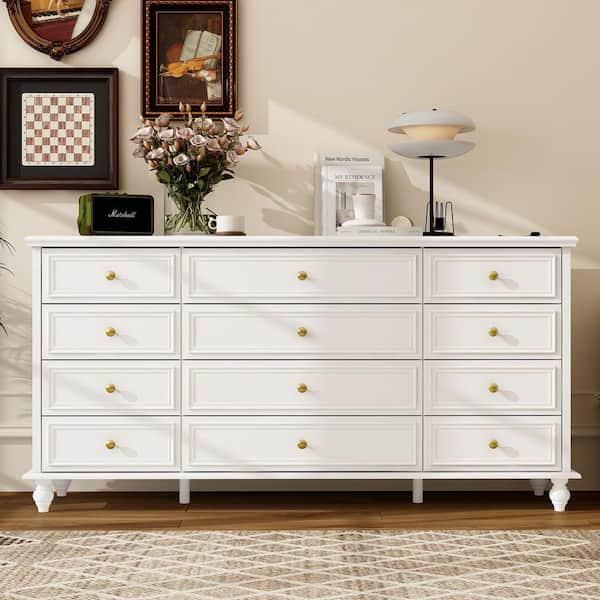 White Wooden 63 in. W 12-Drawer Chest of Drawers Modern European Style Storage Dresser
