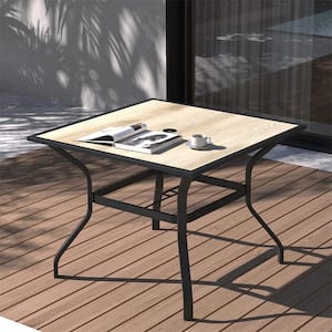 Black Square Metal Outdoor Patio Dining Table with Umbrella Hole and Wood-Look Tabletop