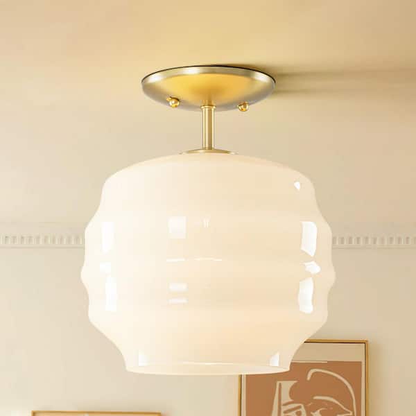 Sive 9.4 in. 1-Light Brushed Brass Modern Farmhouse Dome Flush Mount with White Frosted Glass Shade