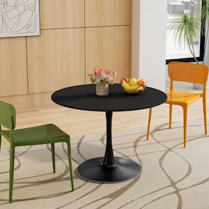 Modern Black Wood 42 in. Round Pedestal Dining Table with Printed Wood Grain Table Top Seats 2