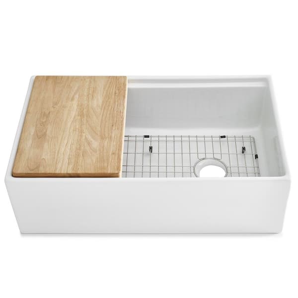Austen 33 in. Farmhouse/Apron-Front Undermount Single Bowl Crisp White Fireclay Workstation Kitchen Sink and Drain