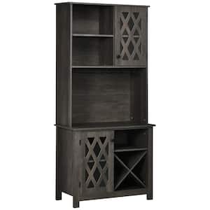 Dark Grey 72 in. Kitchen Pantry, Buffet with Hutch, Cupboard for Microwave, 2-Door Cabinets, Wine Glasses Rack