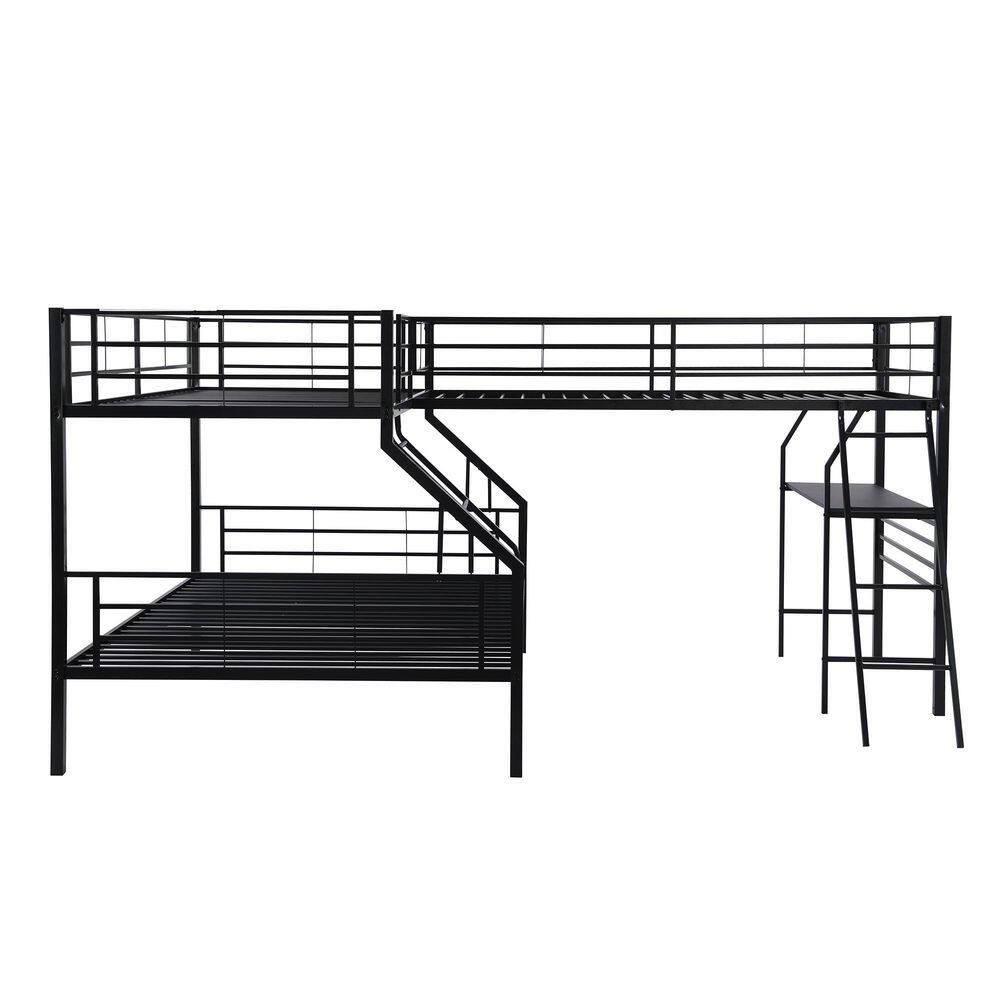 STICKON Black Metal Twin Over Full Size Bunk Bed and a Twin Size Loft