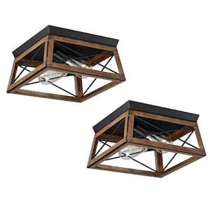 12 in. W. 2-Light 2-Pack with Matte Black Finish and Barnwood Accents Flush Mount