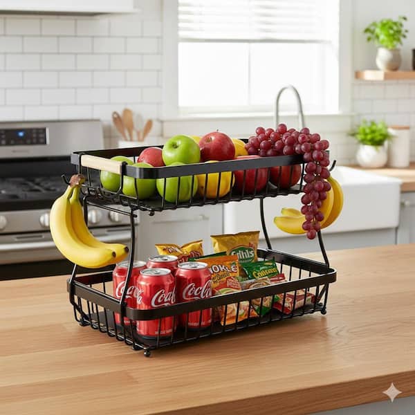 2 Piece Detachable Metal Fruit Basket Set with Mobile Banana Hangers Wooden Handle Protective Mats for Kitchen Counter