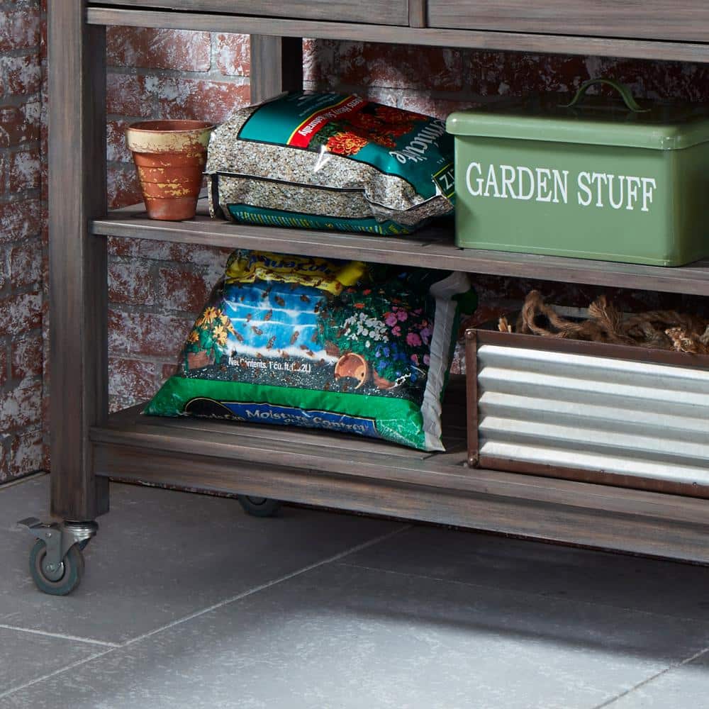 Gray Acacia Wood Potting Bench with Galvanized Steel Top