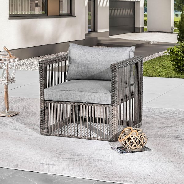 TOP HOME SPACE Wicker Outdoor Dining Chair with Gray Cushion