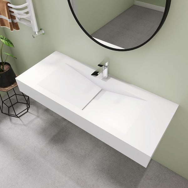 48 in. x 19 in. x 6 in. Wall Mounted Bathroom Sink, Solid Surface Rectangle Vessel Sink in Matte White