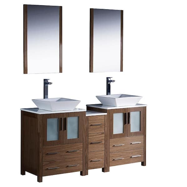 Fresca Torino 60 in. Double Vanity in Walnut Brown with Glass Stone Vanity Top in White and Mirrors