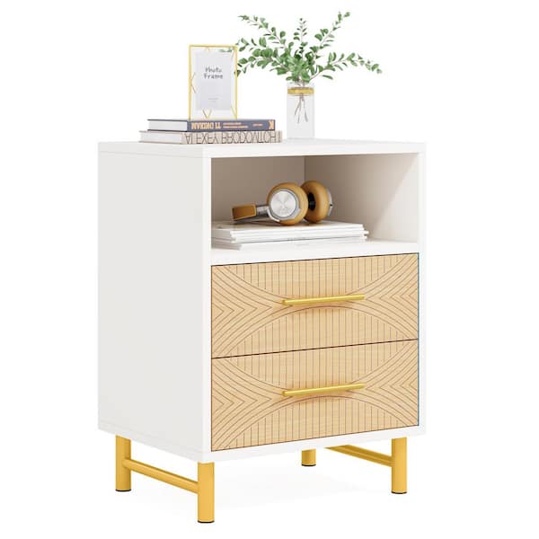 BYBLIGHT Fenley 2-Drawer White Nightstand with Gold Handles and Metal Legs Side End Table 19.68 in.W x 15.75 in. D x 25.59 in. H