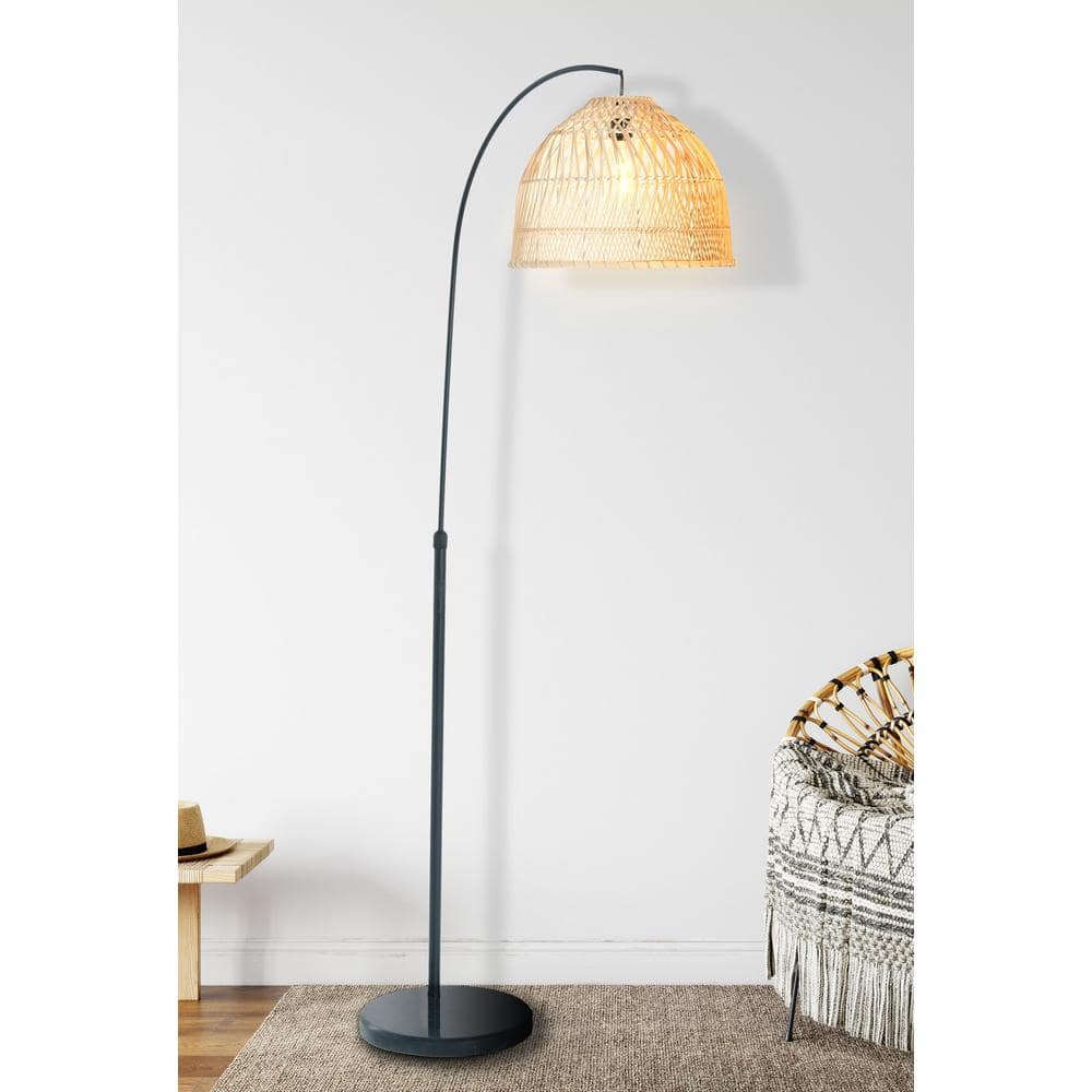 78" Black Metal Arc Floor Lamp with Marble Base and Rattan Shade