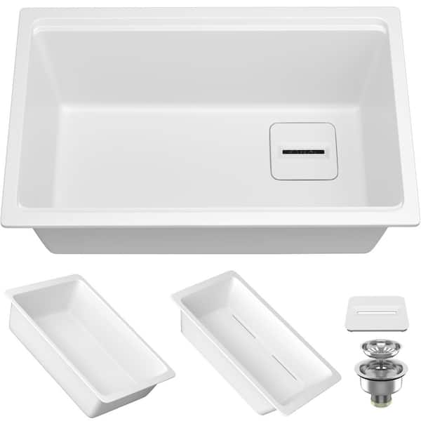 Getpro 27 in. Drop-In/Undermount Single Bowl White Granite Composite Workstation Kitchen Sink with Stacked Washing Basket Set
