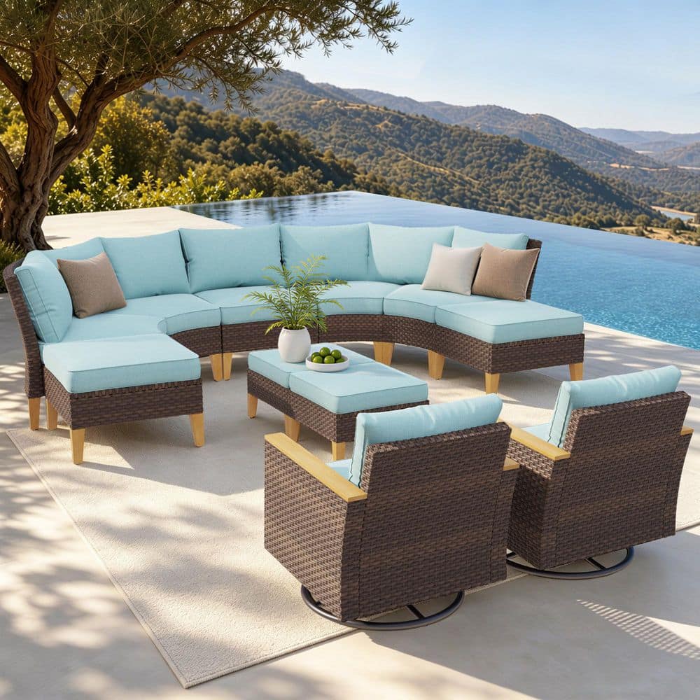 Brown Wicker Rattan 11 Seat 11-Piece Steel Outdoor Patio Sectional Set with Blue Cushions,2 Swivel Sofas and 4 Ottomans price history on PriceWatchPro