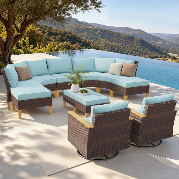 Brown Wicker Rattan 11 Seat 11-Piece Steel Outdoor Patio Sectional Set with Blue Cushions,2 Swivel Sofas and 4 Ottomans
