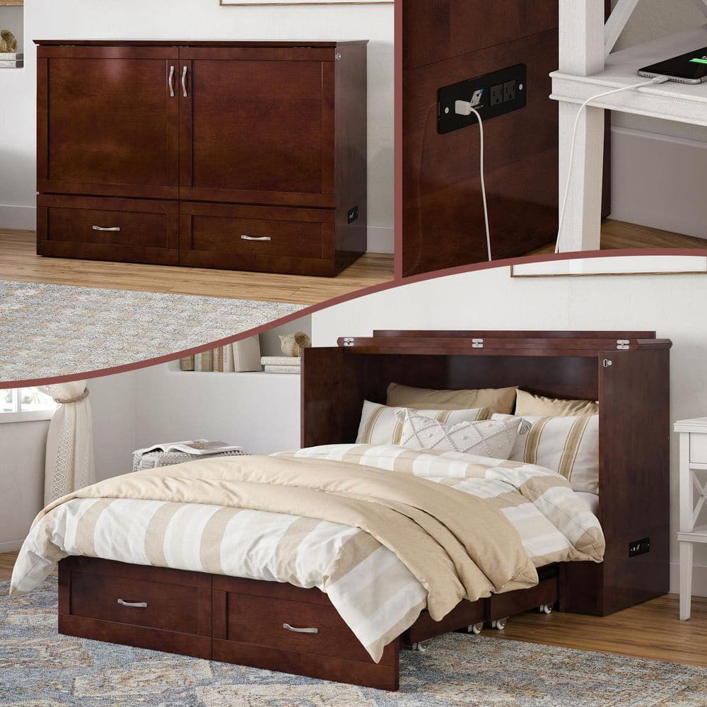Walnut Full Murphy Bed Chest with Upholstered Wood Frame and Drawer