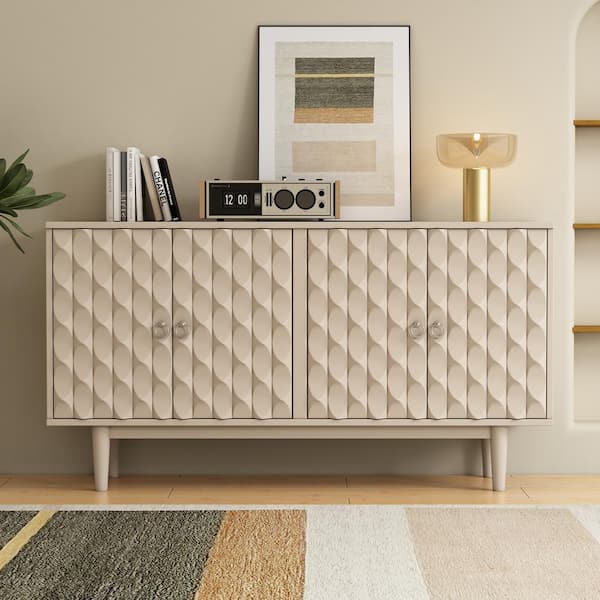 Harper & Bright Designs Almond Wood 60.7 in. Modern Stylish 4-door Sideboard with Adjustable Shelves, Convex Pattern Doors and Silver Handles
