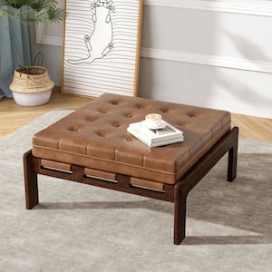 Nova Upholstered PU Leather Square Ottoman, Tufted, Rubberwood Base, Brown Plus Walnut