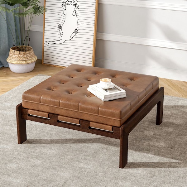 CHRISTOPHER KNIGHT HOME Nova Upholstered PU Leather Square Ottoman, Tufted, Rubberwood Base, Brown Plus Walnut