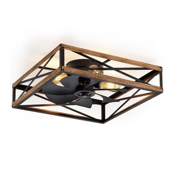 23 in. Black Standard Rustic Square Flush Mount Indoor Ceiling Fan with Light Remote Reversible for Bedroom Dining Room