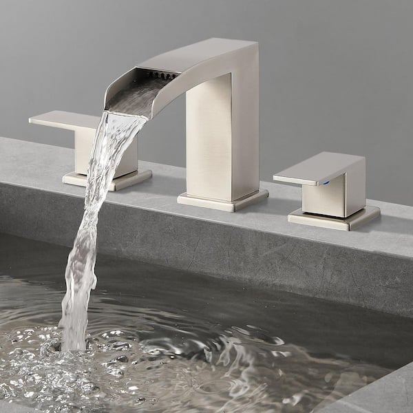 Waterfall 8 in. Widespread Double Handle Low Arc Bathroom Faucet with Drain kit Included in Brushed Nickel(1-Pack)