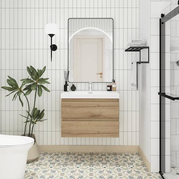 Boosicavelly 30 in. W X 19.5 in. D x 22.5 in. H Single Sink Wall-Mounted Bath Vanity in F. Oak with White Resin Top