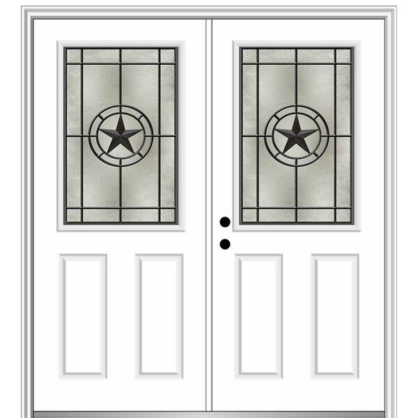 MMI Door Elegant Star 64 in. x 80 in. 2-Panel Right-Hand/Inswing 1/2 Lite Decorative Glass Primed Fiberglass Prehung Front Door