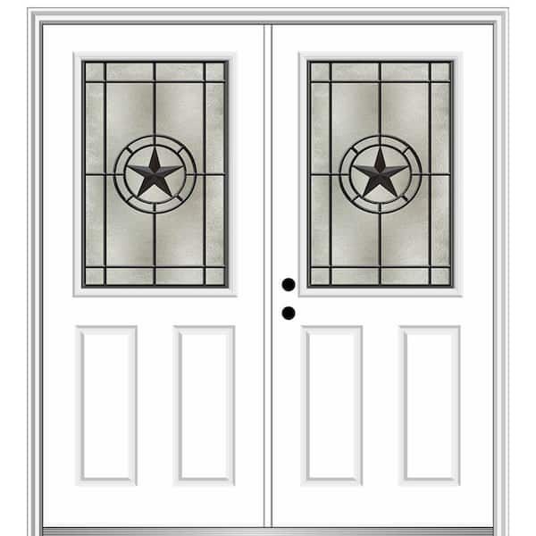 MMI DOOR Elegant Star 72 in. x 80 in. 2-Panel Right-Hand/Inswing 1/2 Lite Decorative Glass Primed Fiberglass Prehung Front Door