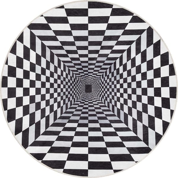 Apollo Optical Illusion Modern Geometric Black Ivory 6 ft. 7 in. Round Area Rug