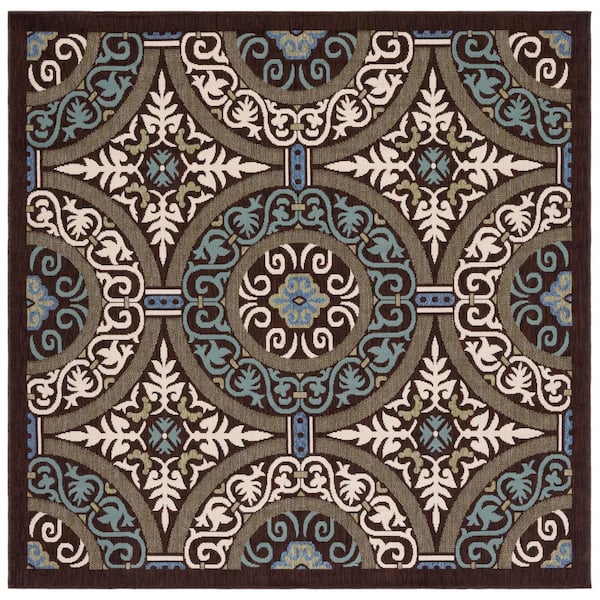 SAFAVIEH Veranda Chocolate/Cream 7 ft. x 7 ft. Border Geometric Indoor/Outdoor Square Area Rug