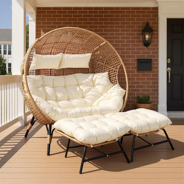 2-Person Beige Double PE Wicker Outdoor Lounge Egg Chair with Beige Cushion and 2 Pcs Ottoman