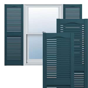 12 in. x 57 in. Lifetime Vinyl Custom Cathedral Top Center Mullion Open Louvered Shutters Pair Midnight Blue