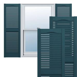 14-1/2 in. x 29 in. Lifetime Vinyl Custom Cathedral Top Center Mullion Open Louvered Shutters Pair Midnight Blue