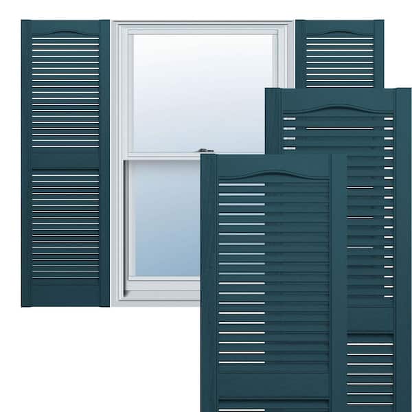 Ekena Millwork 14-1/2 in. x 29 in. Lifetime Vinyl Custom Cathedral Top Center Mullion Open Louvered Shutters Pair Midnight Blue