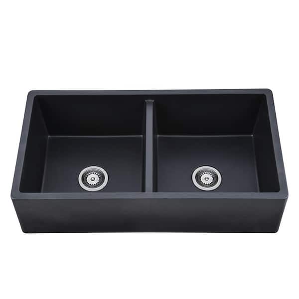 Maincraft Matte Black Quartz 33.23 in. Double Bowl Farmhouse Apron Kitchen Sink with Strainer