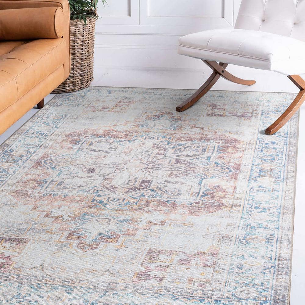 Rust and Blue Medallion Flat Woven Machine Washable Area Rug