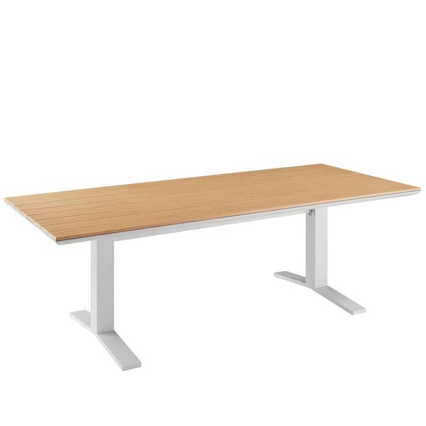 MODWAY Gavelston 91 in. Aluminum Outdoor Dining Table in Natural White-Large Rectangular Patio Table for 6
