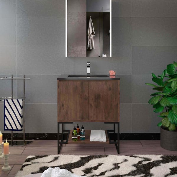 FL 30 in. W x 18.87 in. D x 17.75 in. H Single Sink Floating Bath Vanity in Rose Wood with Black Quartz Top