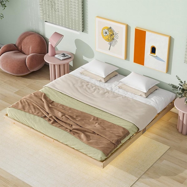 YOFE Modern Low Profile Natural Light Brown Wood Frame Floating King Platform Bed Frame with LED Lights Underneath
